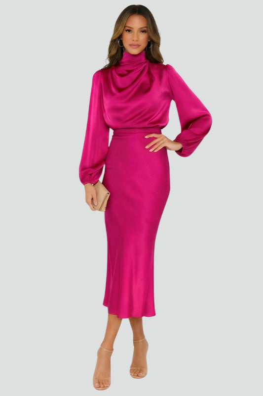 Abito Midi Donna Scollo Alto Manica Lunga