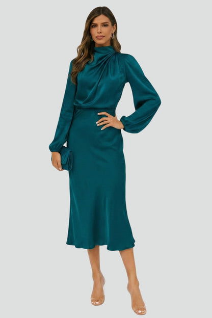 Abito Midi Donna Scollo Alto Manica Lunga