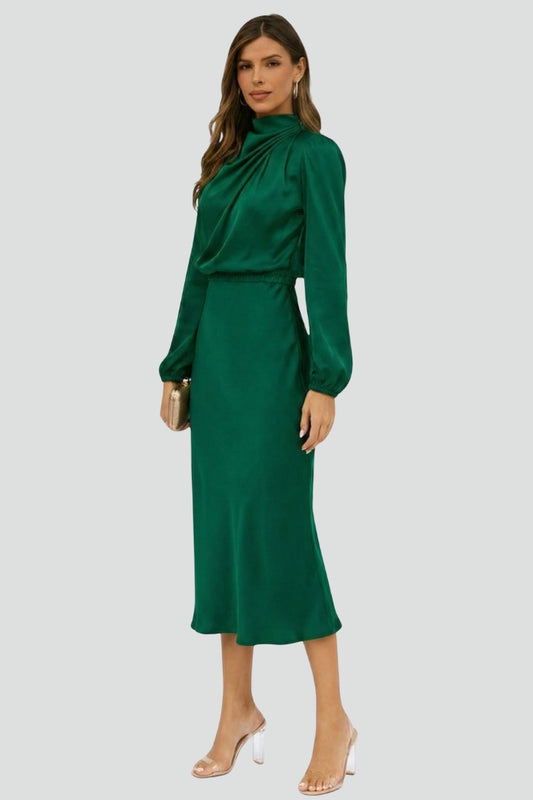 Abito Midi Donna Scollo Alto Manica Lunga
