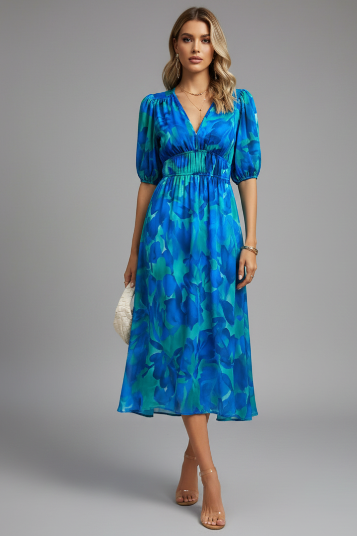 Abito Midi Donna Fantasia Floreale Manica a Sbuffo