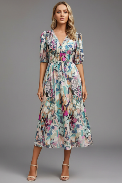 Abito Midi Donna Fantasia Floreale Manica a Sbuffo