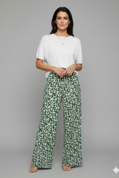 Pantaloni Palazzo Donna Tessuto Floreale Gamba Larga