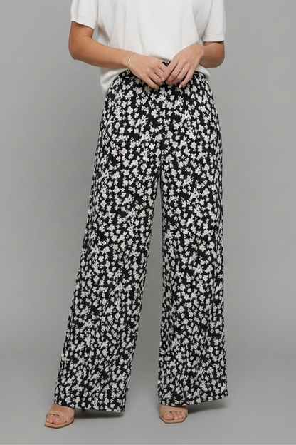 Pantaloni Palazzo Donna Tessuto Floreale Gamba Larga