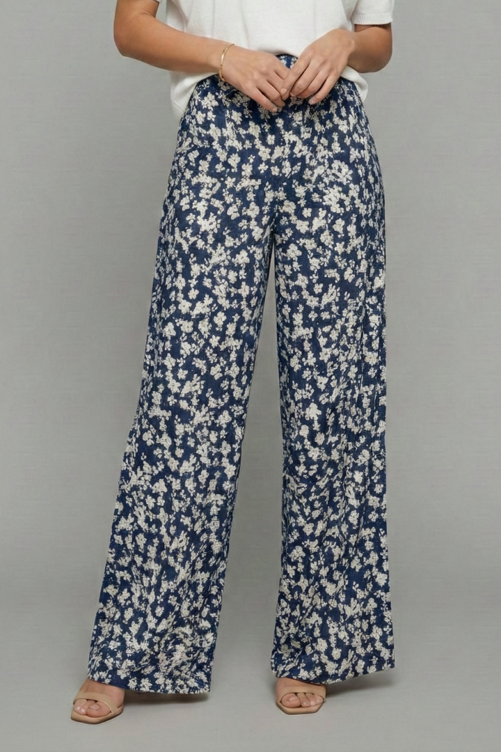 Pantaloni Palazzo Donna Tessuto Floreale Gamba Larga