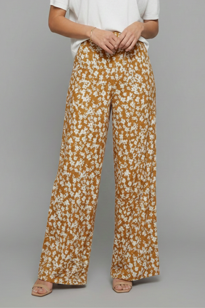Pantaloni Palazzo Donna Tessuto Floreale Gamba Larga