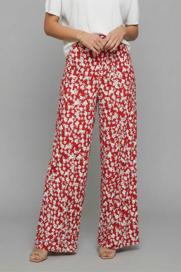 Pantaloni Palazzo Donna Tessuto Floreale Gamba Larga