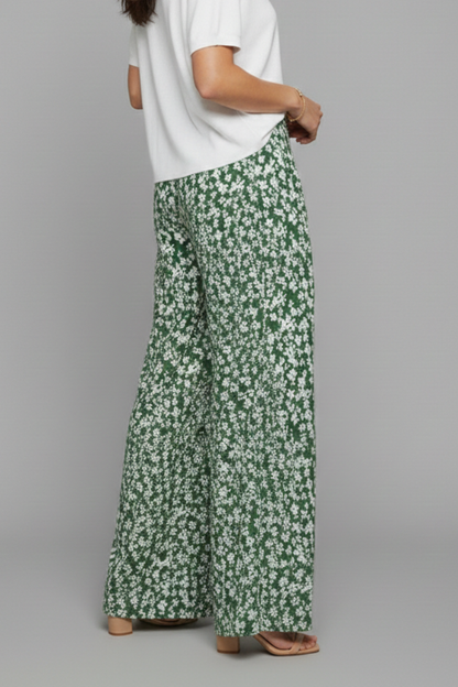 Pantaloni Palazzo Donna Tessuto Floreale Gamba Larga