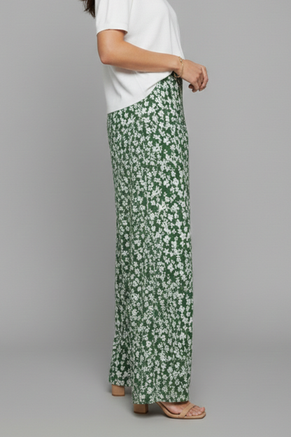 Pantaloni Palazzo Donna Tessuto Floreale Gamba Larga