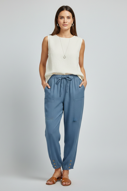 Pantaloni Donna con Coulisse in Vita e Fondo con Bottone