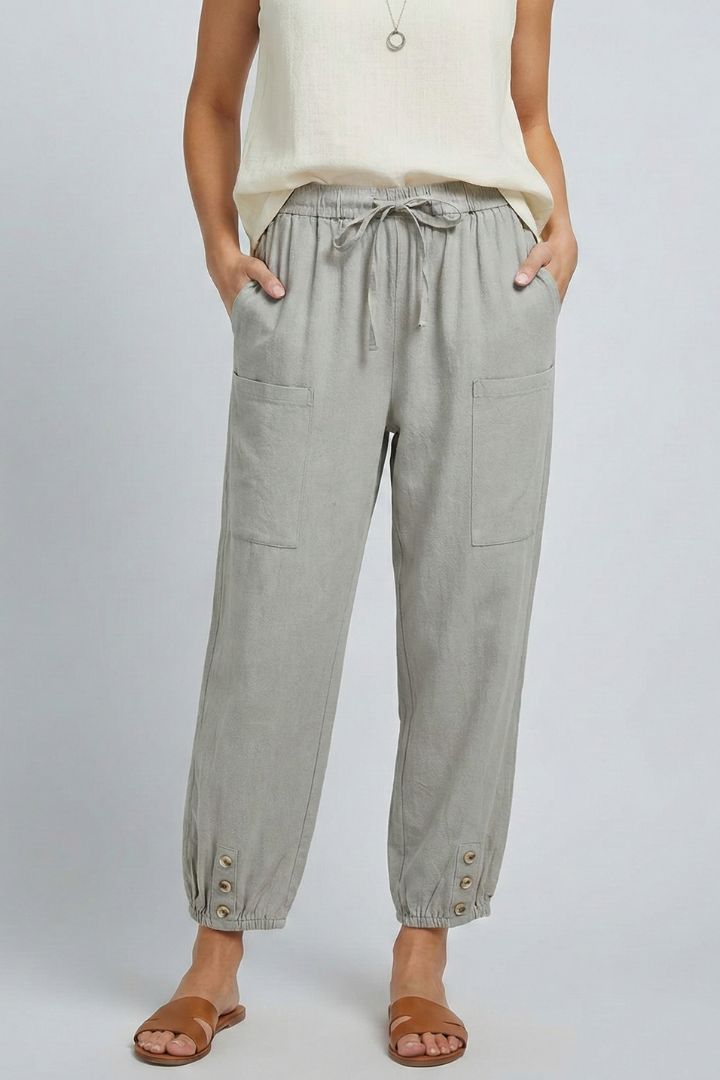 Pantaloni Donna con Coulisse in Vita e Fondo con Bottone