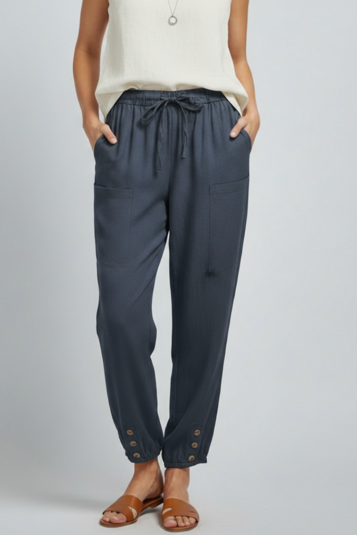 Pantaloni Donna con Coulisse in Vita e Fondo con Bottone