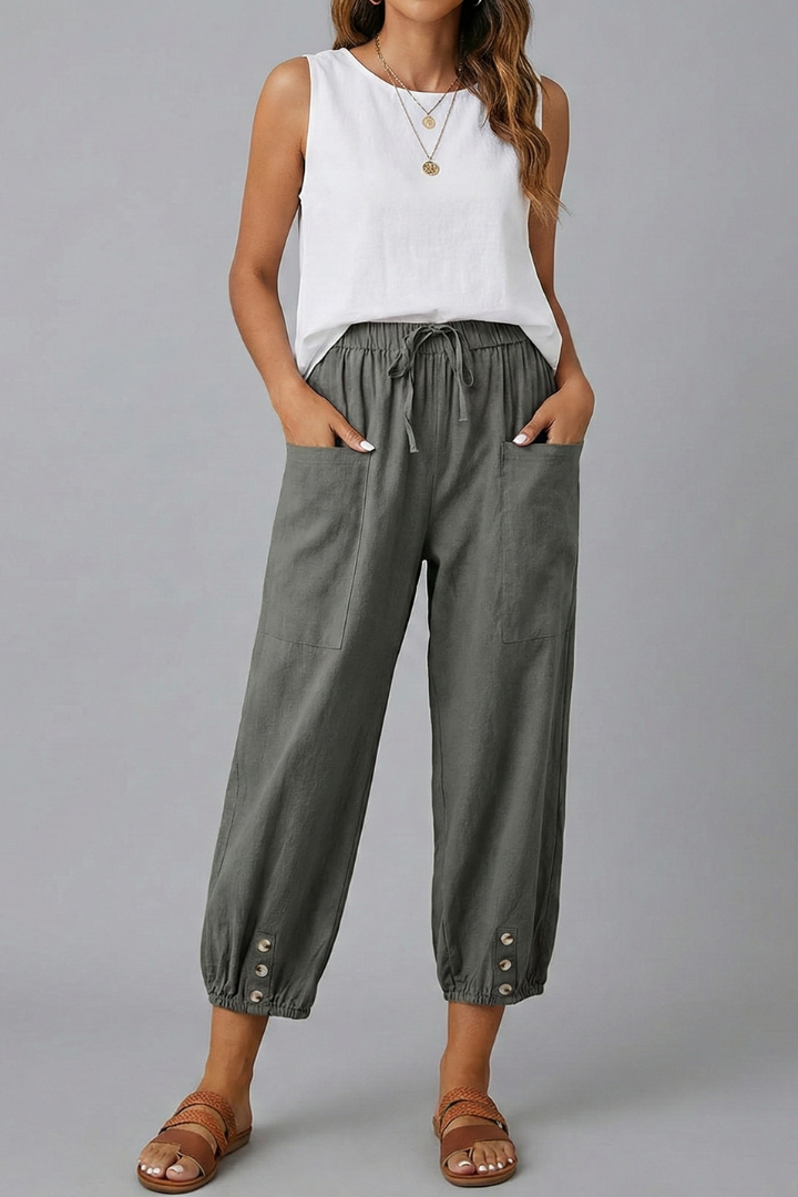 Pantaloni Donna con Coulisse in Vita e Fondo con Bottone