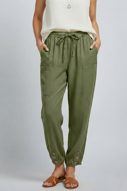 Pantaloni Donna con Coulisse in Vita e Fondo con Bottone