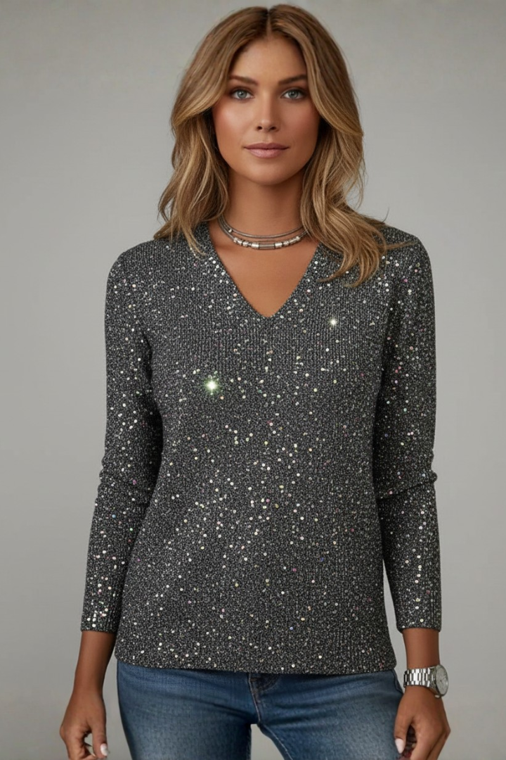 Maglione Donna con Paillettes Scollo a V Manica Lunga