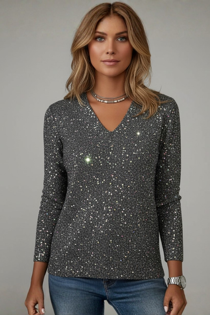 Maglione Donna con Paillettes Scollo a V Manica Lunga