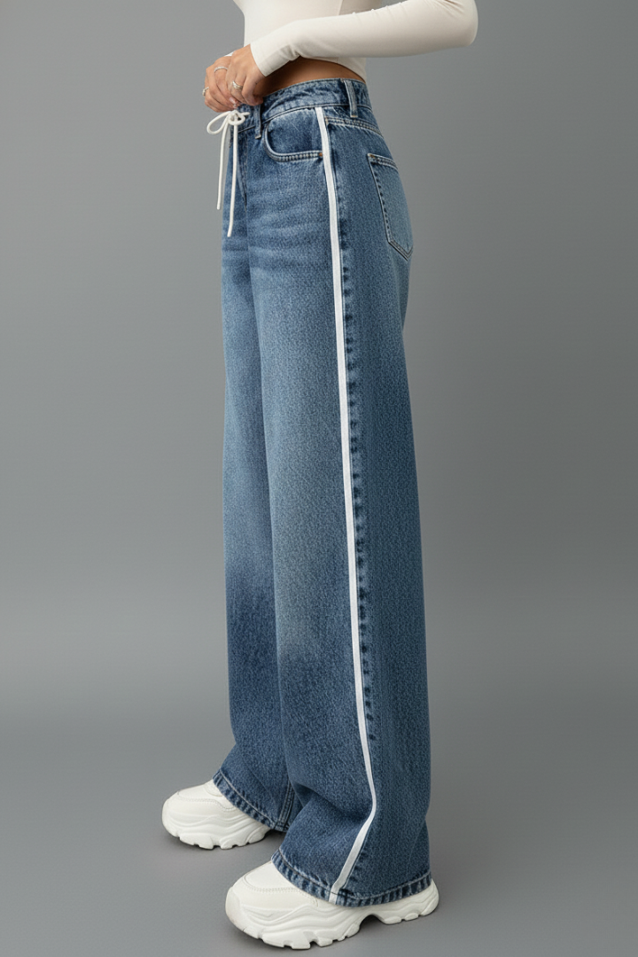 Jeans Denim Donna Vita Elasticizzata Gamba Larga Relaxed