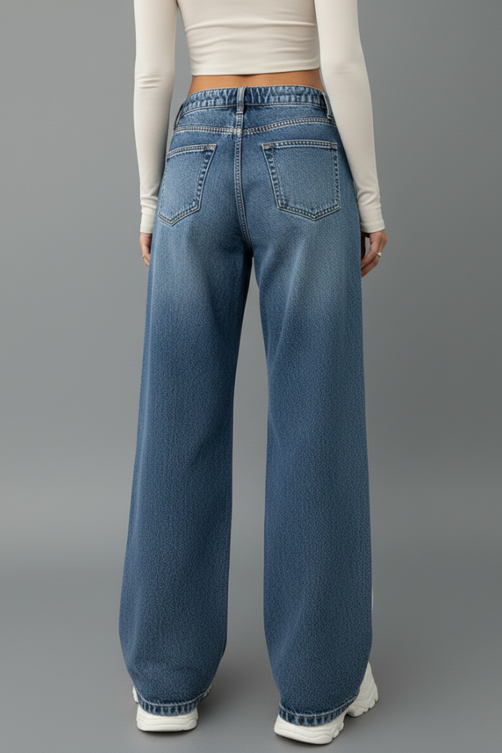Jeans Donna Denim Vita Elasticizzata Gamba Larga Comfort