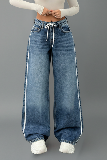 Jeans Donna Denim Vita Elasticizzata Gamba Larga Comfort