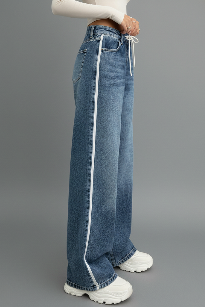 Jeans Donna Denim Vita Elasticizzata Gamba Larga Comfort