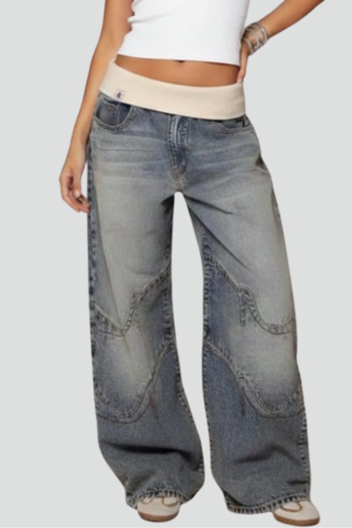 Jeans Baggy Donna Cotone Vita Bassa Gamba Larga