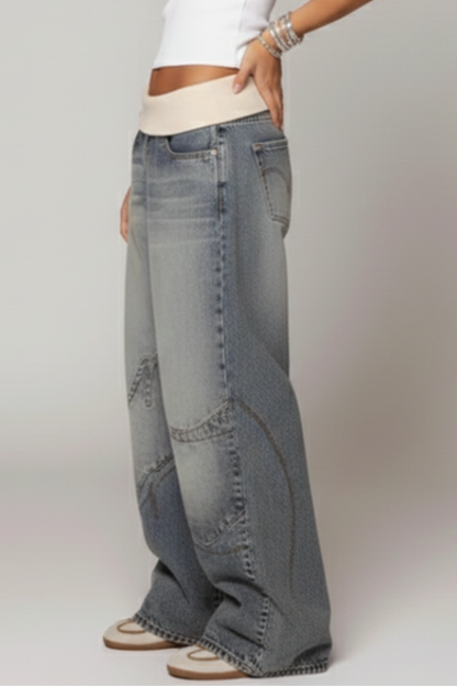 Jeans Baggy Donna Cotone Vita Bassa Gamba Larga