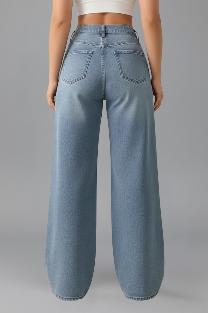 Jeans Donna Denim Vita Alta Gamba Larga