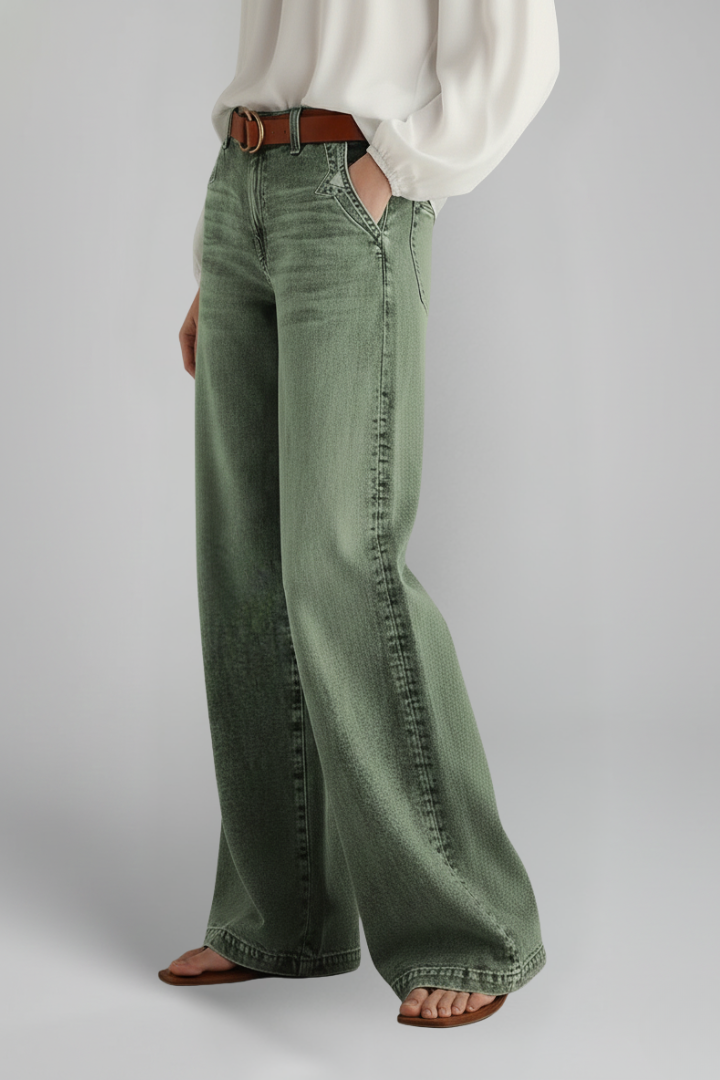 Jeans Denim Donna Vita Alta Gamba Larga Casual