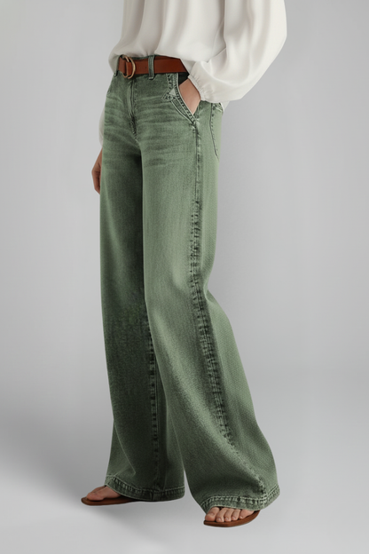 Jeans Denim Donna Vita Alta Gamba Larga Casual