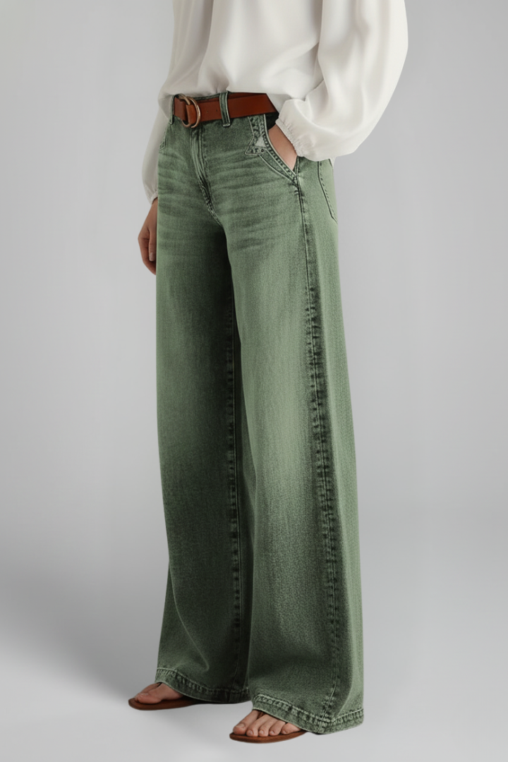 Jeans Denim Donna Vita Alta Gamba Larga Casual