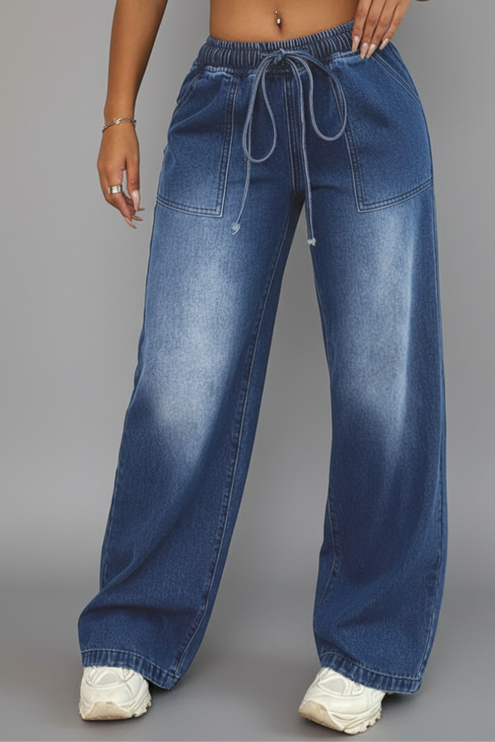 Pantaloni Donna Tempo Libero Gamba Larga Vita Regolabile Tasche Tasche
