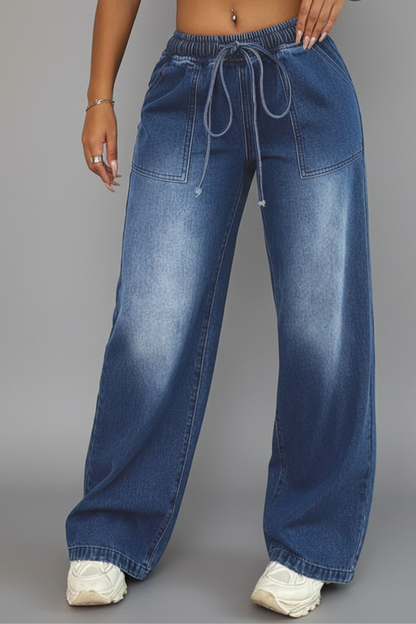 Pantaloni Donna Tempo Libero Gamba Larga Vita Regolabile Tasche Tasche