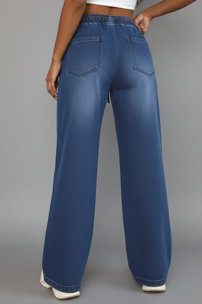 Pantaloni Donna Tempo Libero Gamba Larga Vita Regolabile Tasche Tasche