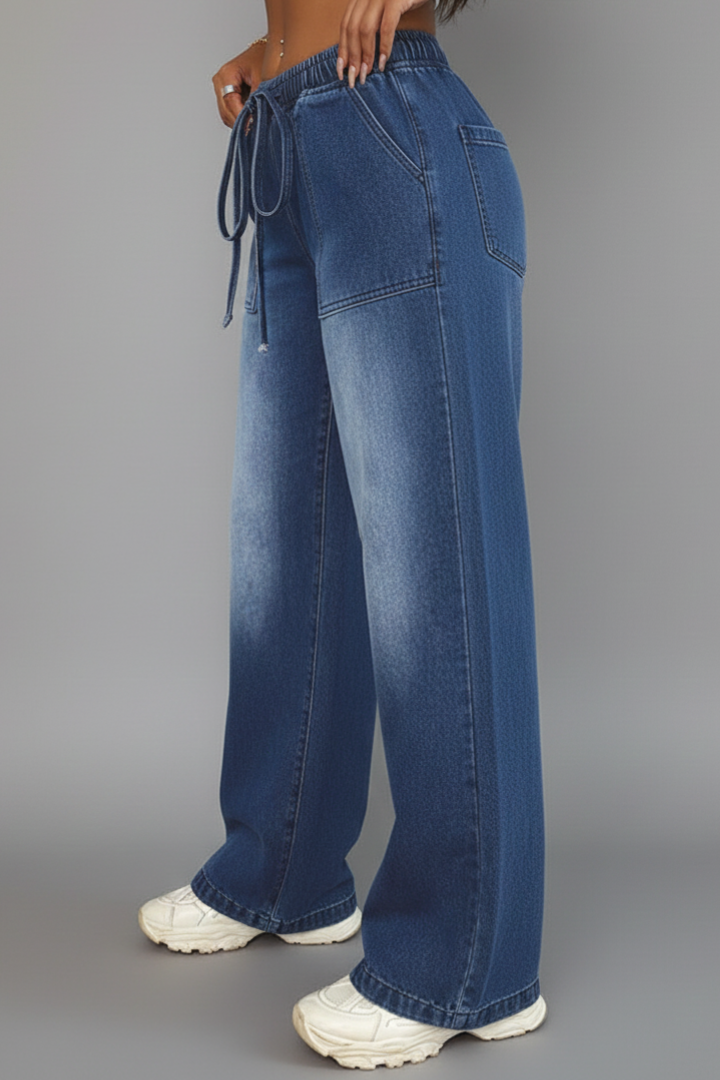 Pantaloni Donna Tempo Libero Gamba Larga Vita Regolabile Tasche Tasche