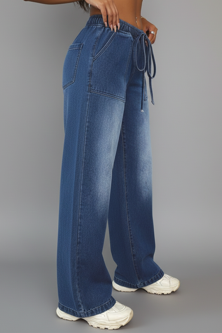 Pantaloni Donna Tempo Libero Gamba Larga Vita Regolabile Tasche Tasche