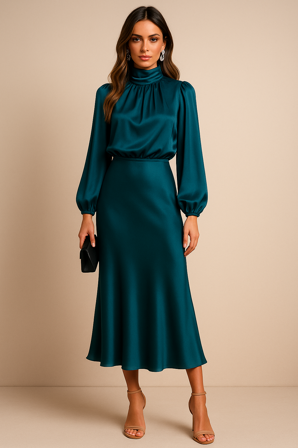 Abito Midi Donna Manica Lunga Elegante