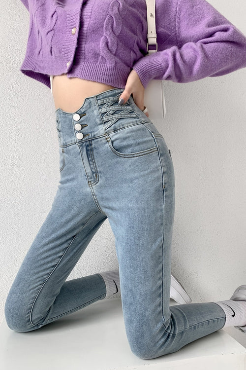 Jeans Skinny Donna Vita Alta Bottoni Vintage
