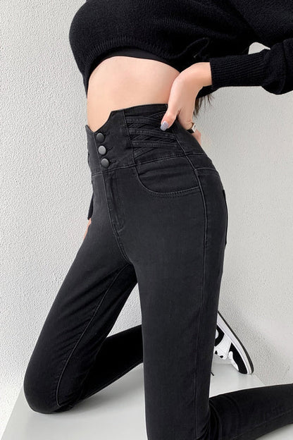 Jeans Skinny Donna Vita Alta Bottoni Vintage