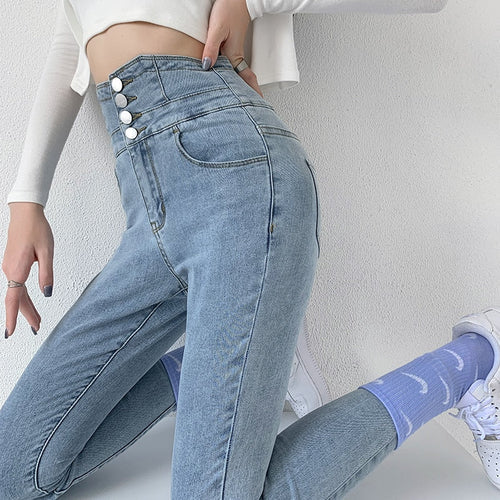 Jeans Skinny Donna Vita Alta Bottoni Vintage