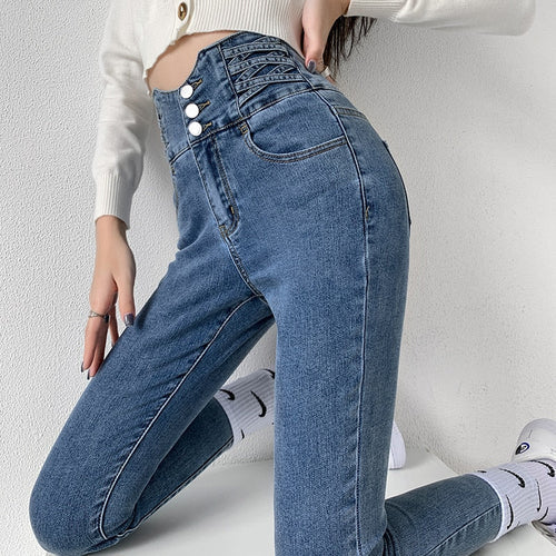 Jeans Skinny Donna Vita Alta Bottoni Vintage