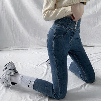 Jeans Skinny Donna Vita Alta Bottoni Vintage