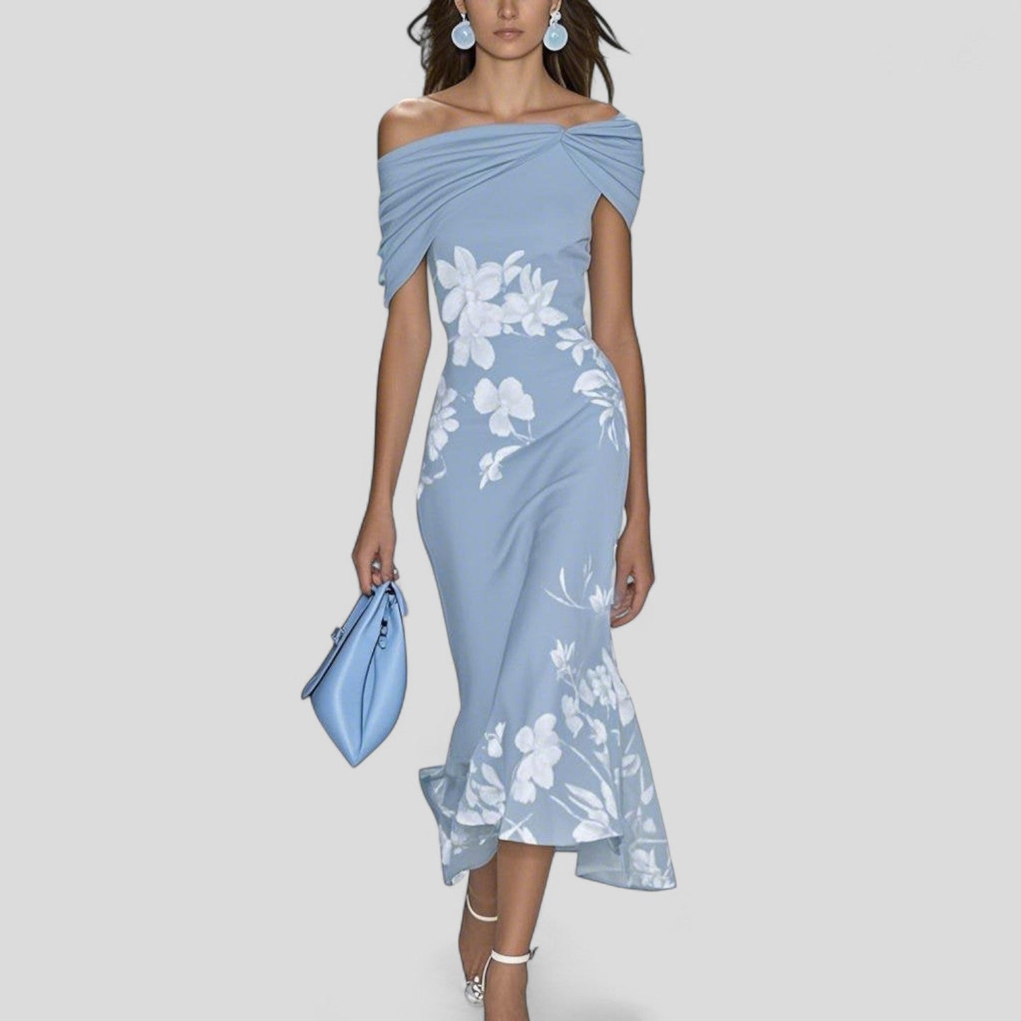 Abito Midi Donna Spalle Scoperte Stampa Floreale