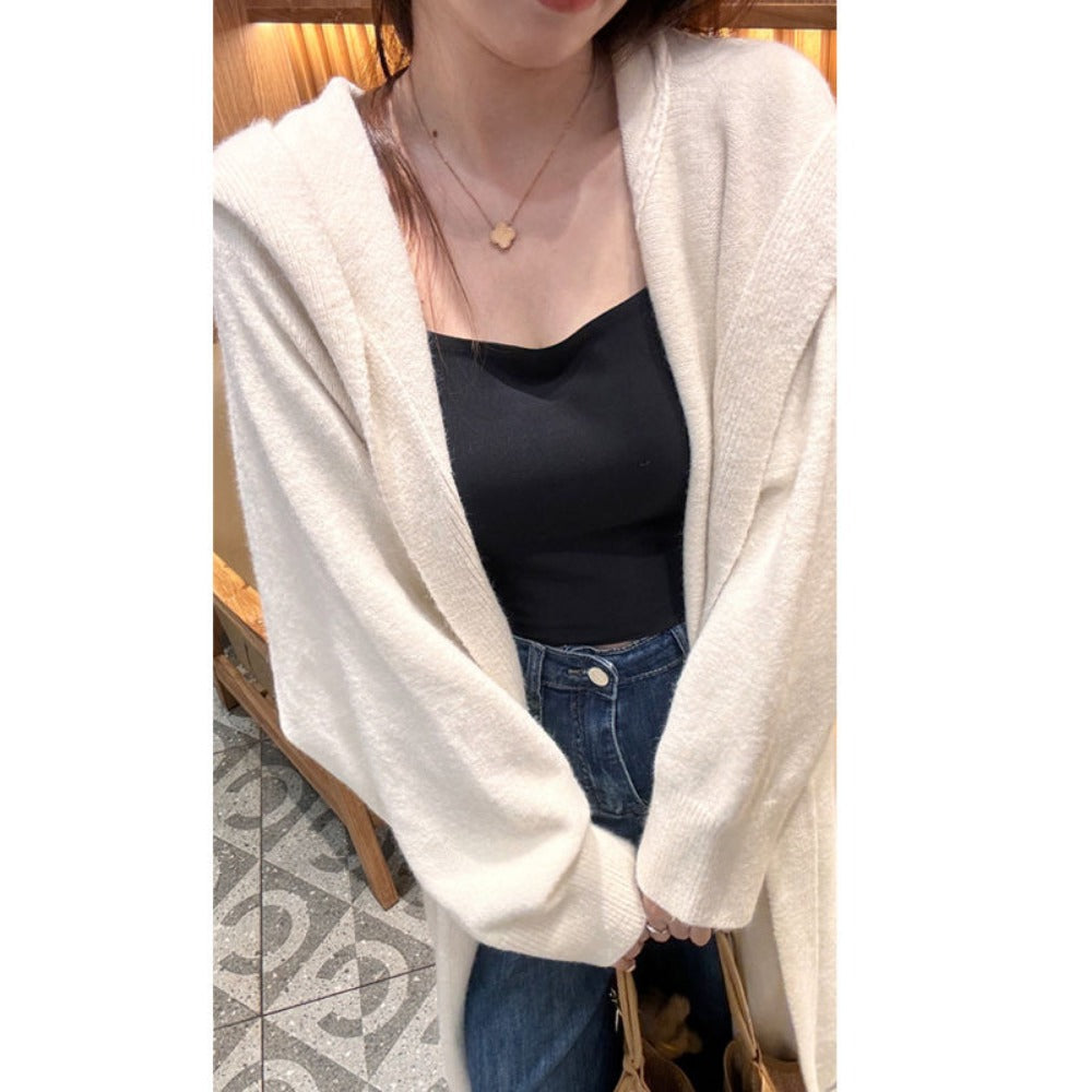 Cardigan Lungo Donna in Maglia con Cappuccio