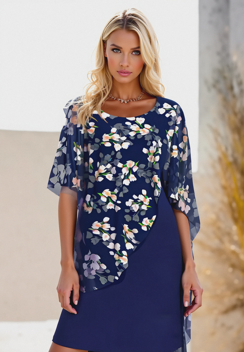Abito Donna con Cape in Chiffon Stampa Floreale Elegante - Brentozzi