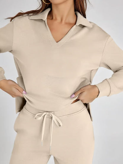 Completo Donna Maglione Scollo a V e Pantaloni Larghi Comodo Autunno