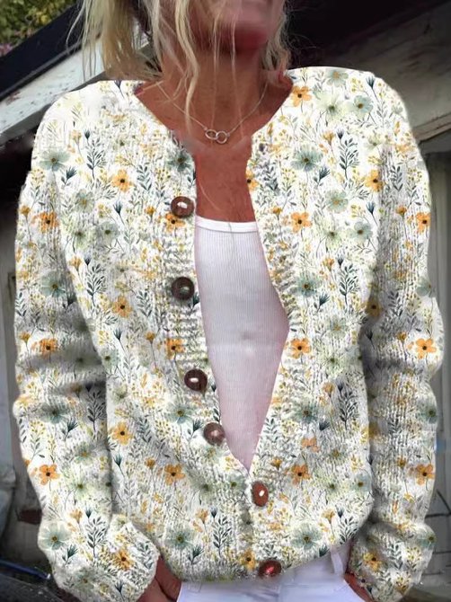 Cardigan Donna con Ricamo Floreale e Bottoni