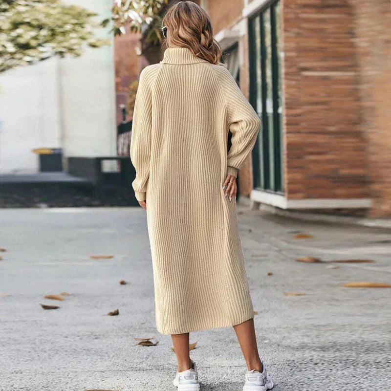 Abito Midi Donna Maglia Manica Lunga Collo Alto