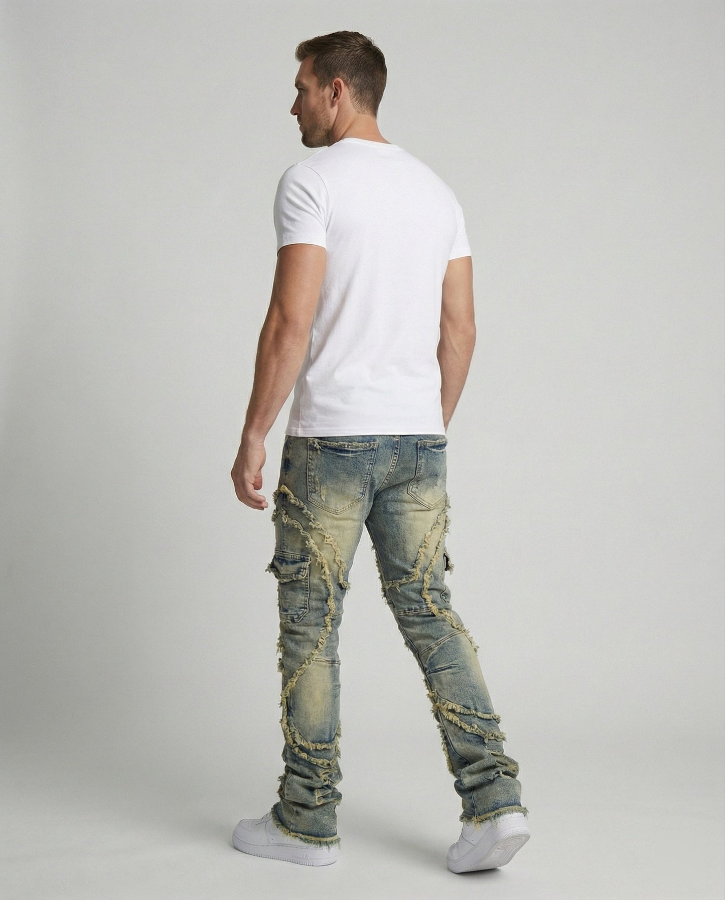 Jeans Uomo Strappati con Tasche Cargo Regular Fit