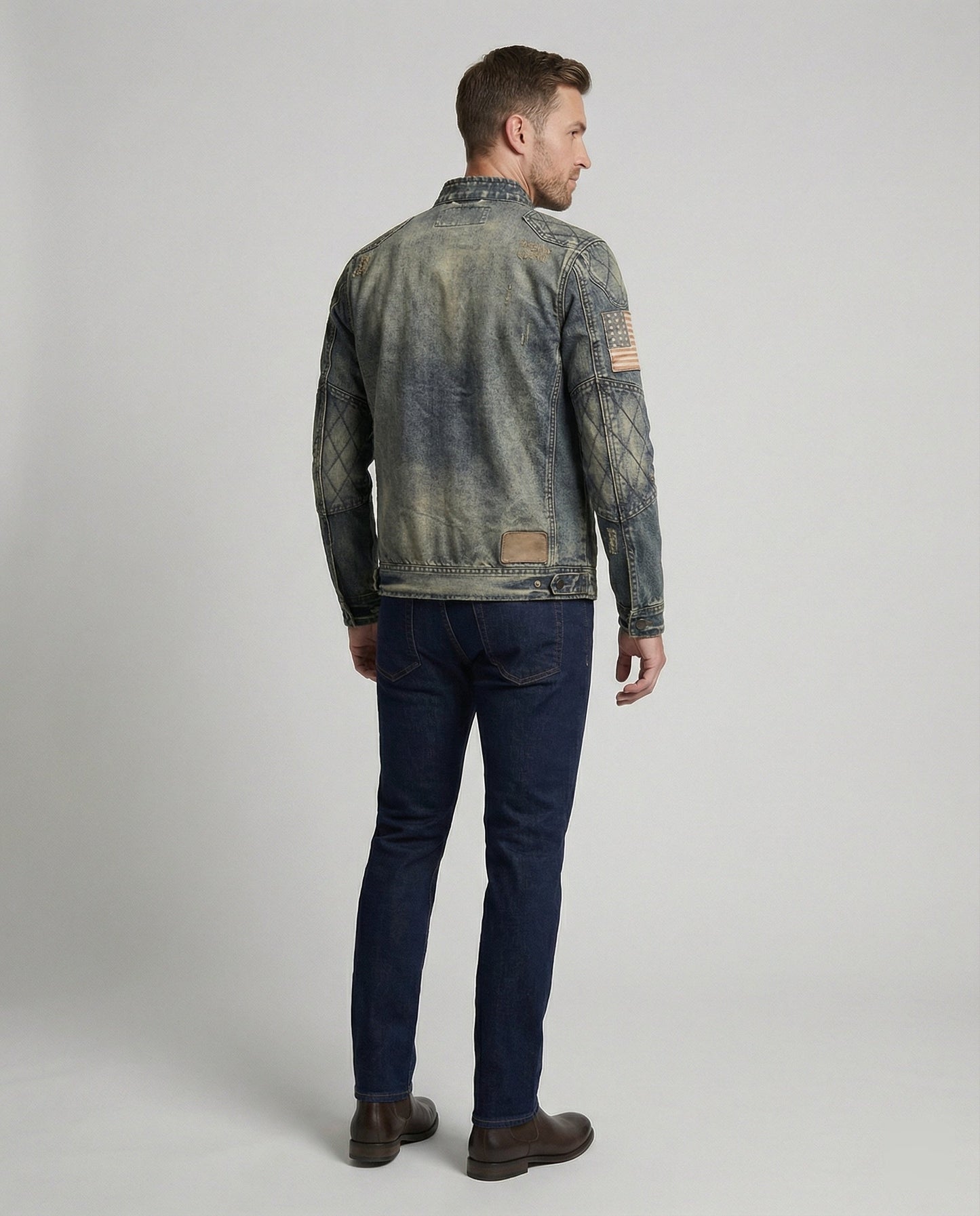 Giacca Jeans Uomo Stile Biker Collo Alto