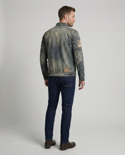 Giacca Jeans Uomo Stile Biker Collo Alto