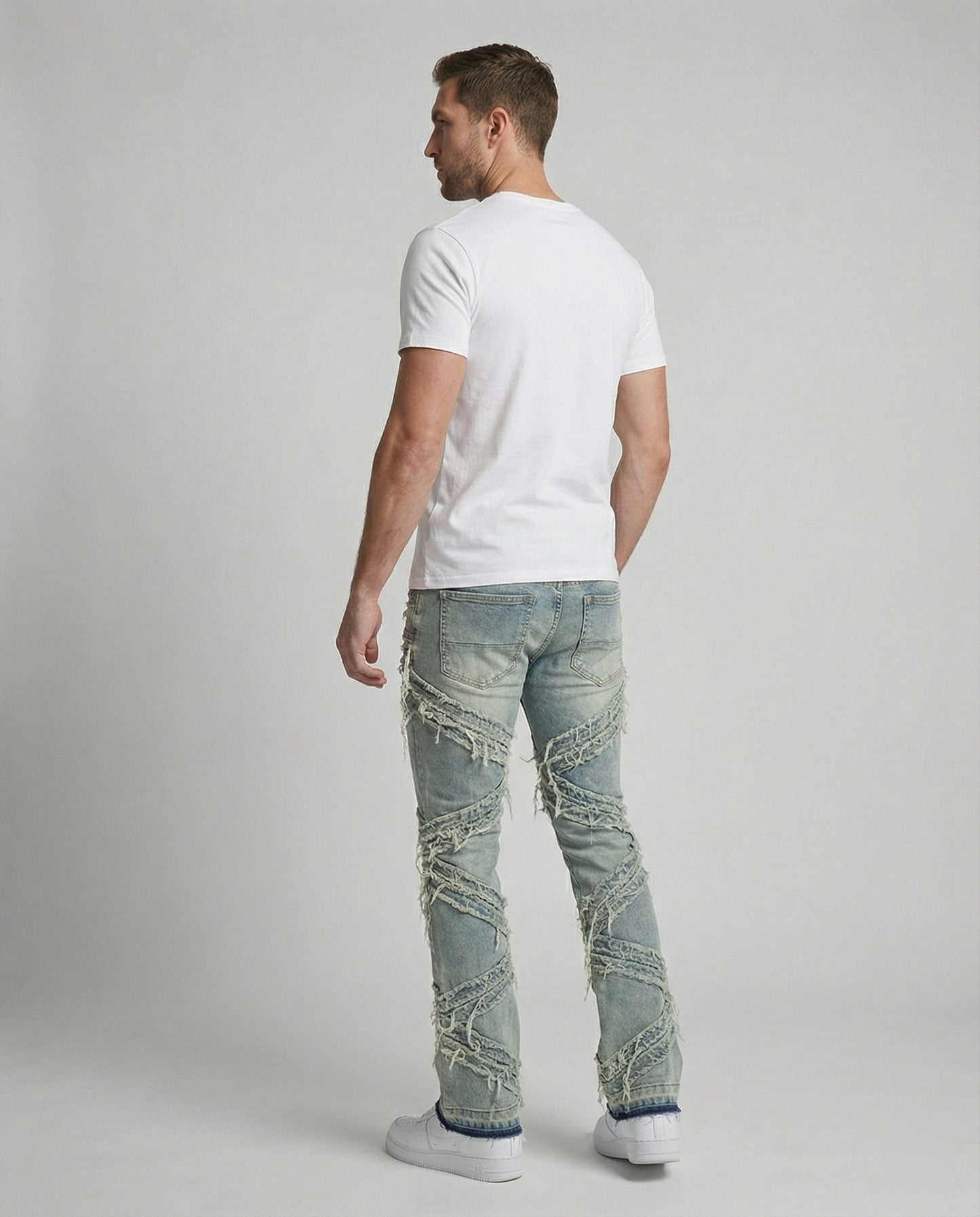 Jeans Uomo Denim Strappato Taglio Dritto